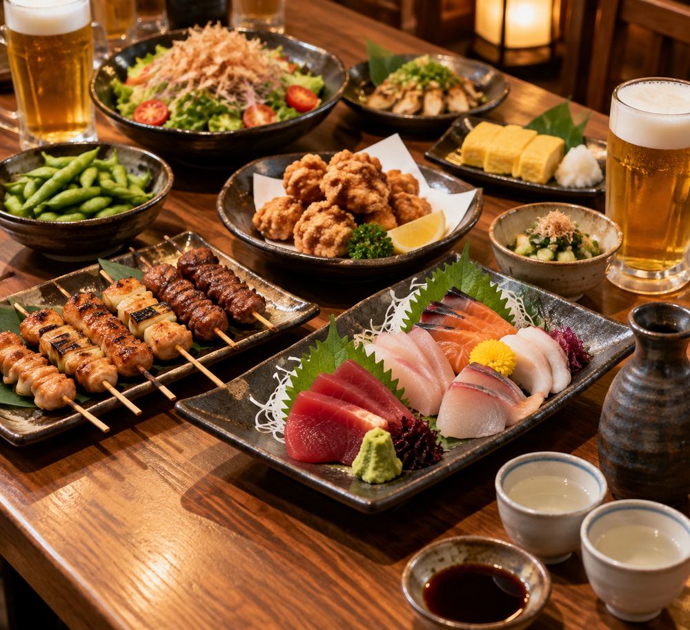 串焼き、刺身、唐揚げ、サラダが並ぶ宴会の卓