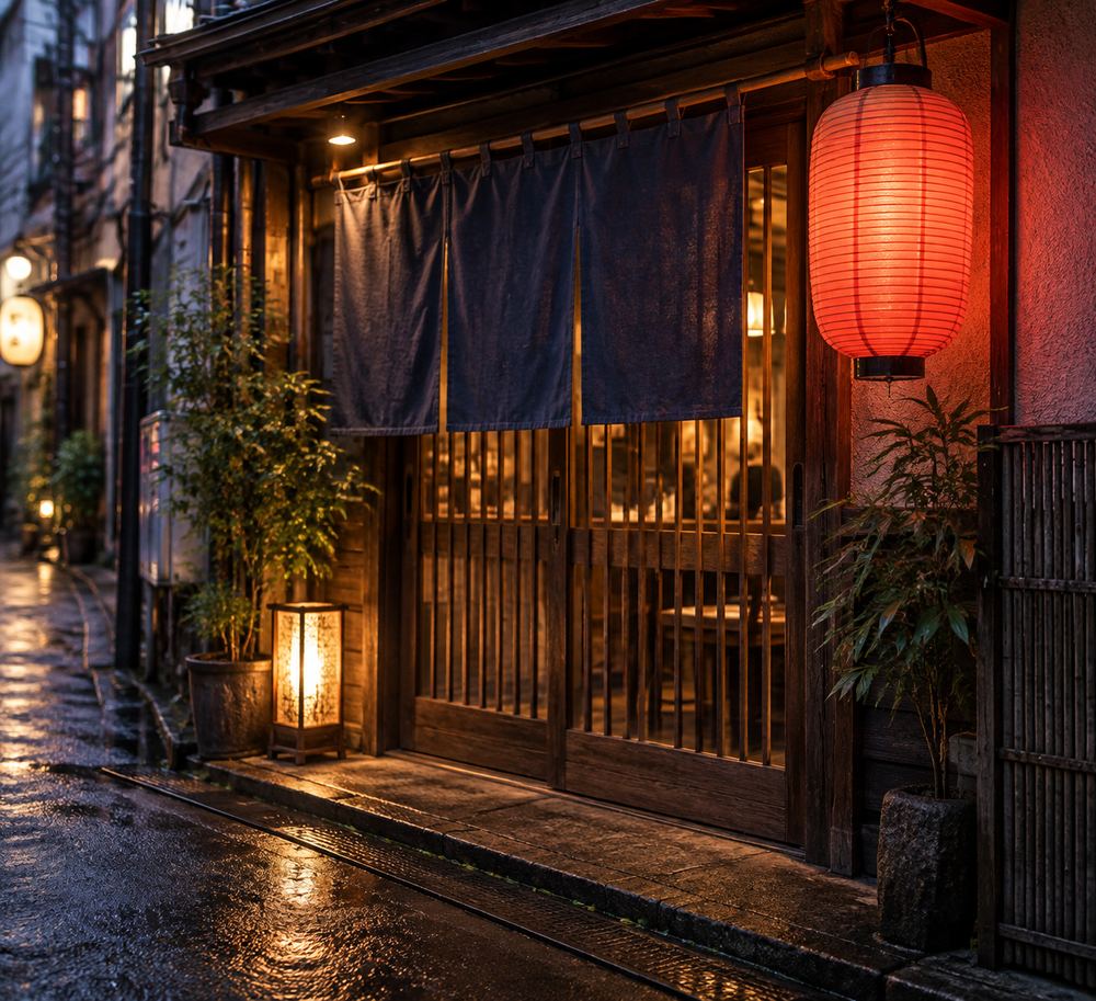 提灯と暖簾が下がる店の入口